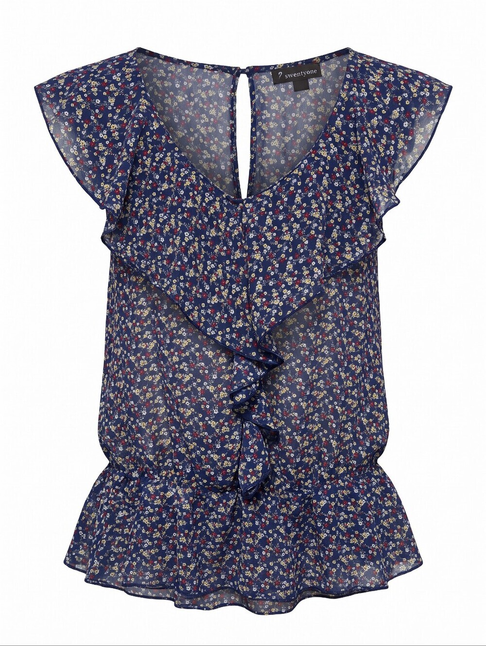 Forever 21 Navy Floral Ruffle Peplum Sheer Layering Feminine Flutter Sleeveless